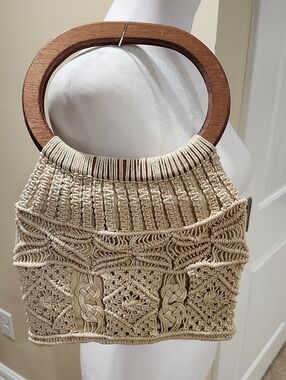 Vintage Cream Macrame Satchel with Wooden Handles